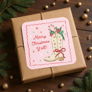 Land Merry Christmas Y'all Cowboy Stiefel Quadratischer Aufkleber