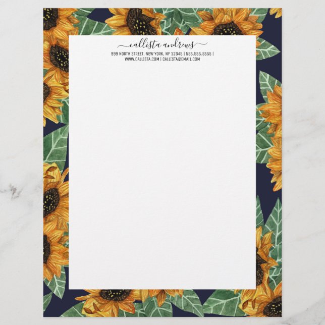 Land Niedlich Yellow Navy Sonnenblumen Wasserfarbe Briefbogen (Vorderseite)