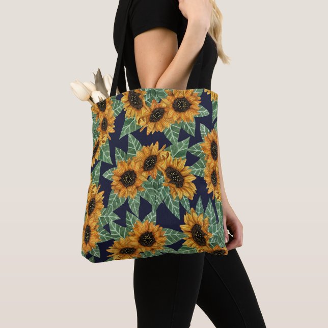 Land Niedlich Yellow Navy Sonnenblumen Wasserfarbe Tasche (Von Nahem)