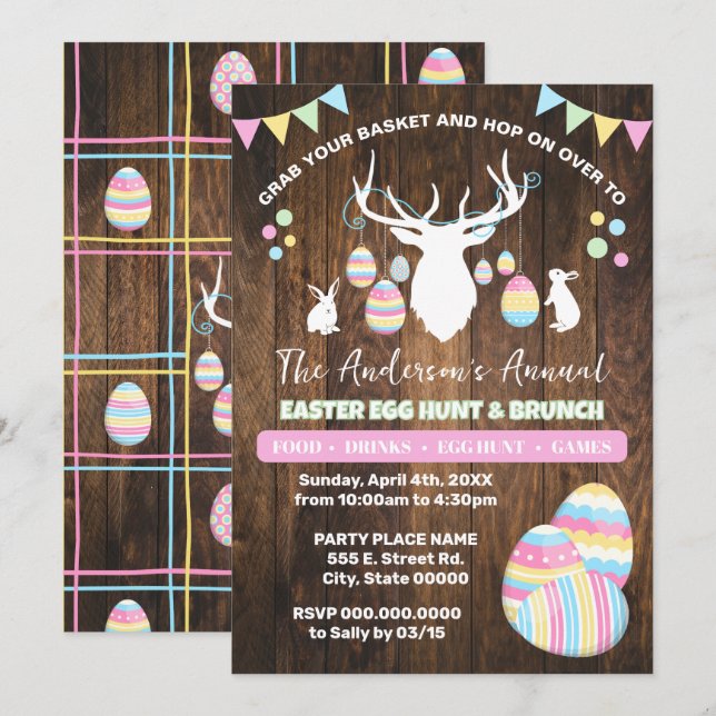 Land Ostereier Jagd & Brunch Hirsch Bunnies Einladung (Vorne/Hinten)