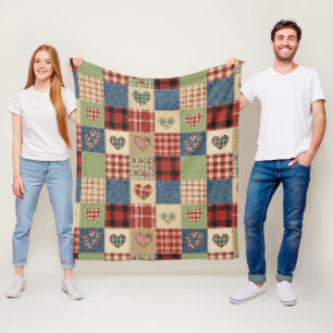 Land-Quilt-Herz-Patchwork Rot Blau Fleecedecke