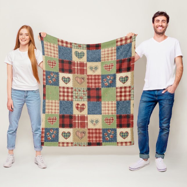 Land-Quilt-Herz-Patchwork Rot Blau Fleecedecke (Beispiel)