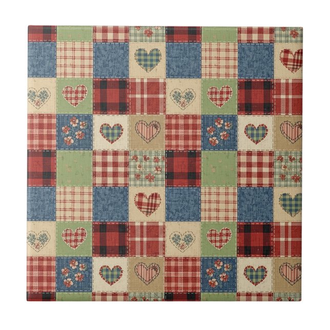 Land-Quilt-Herz-Patchwork Rot Blau Fliese (Vorderseite)