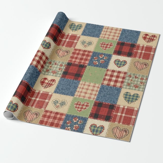 Land-Quilt-Herz-Patchwork Rot Blau Geschenkpapier (Ungerollt)
