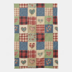 Land-Quilt-Herz-Patchwork Rot Blau Geschirrtuch