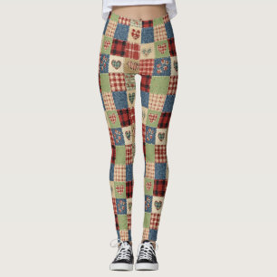 Land-Quilt-Herz-Patchwork Rot Blau Leggings