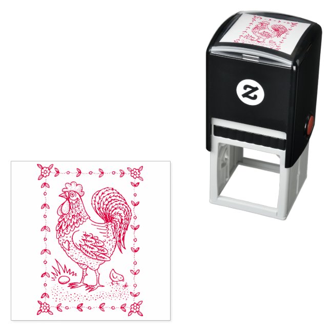 LAND ROOSTER, EGG & CHICK FOLK ART BORDER nett Permastempel (Beispiel)
