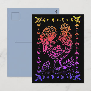 LAND ROOSTER, EGG, CHICK & FOLK ART BORDER POSTKARTE