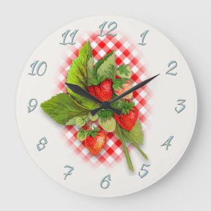 Land-roter Gingham und Erdbeeren Große Wanduhr