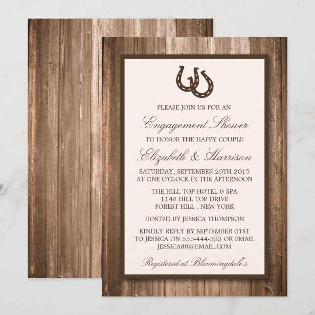 Land Rustic Horseshoe Brown Wood Verlobung Einladung (Vorne/Hinten)