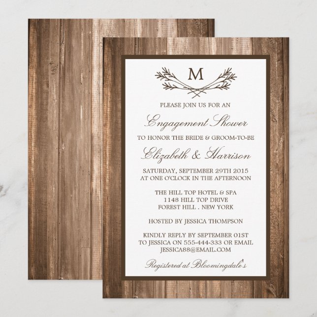 Land Rustic Monogram Branch Wood Verlobung Einladung (Vorne/Hinten)