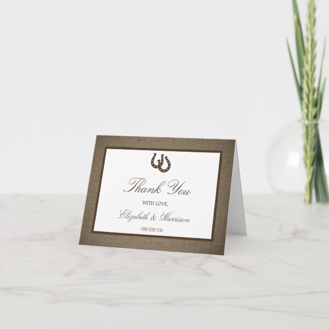 Land Rustikale Hufeisen auf Burlap-Hochzeit Dankeskarte (Vorderseite)