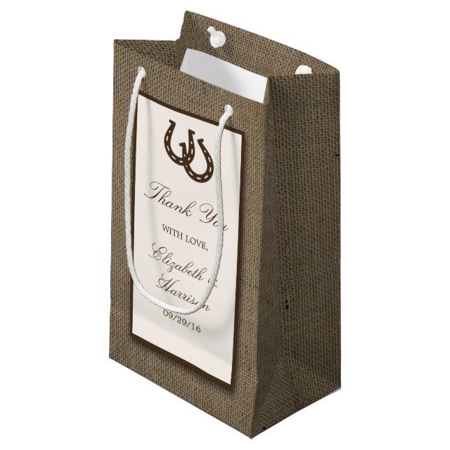 Land Rustikale Hufeisen auf Burlap-Hochzeit Kleine Geschenktüte (Vorderseite Schrägansicht)