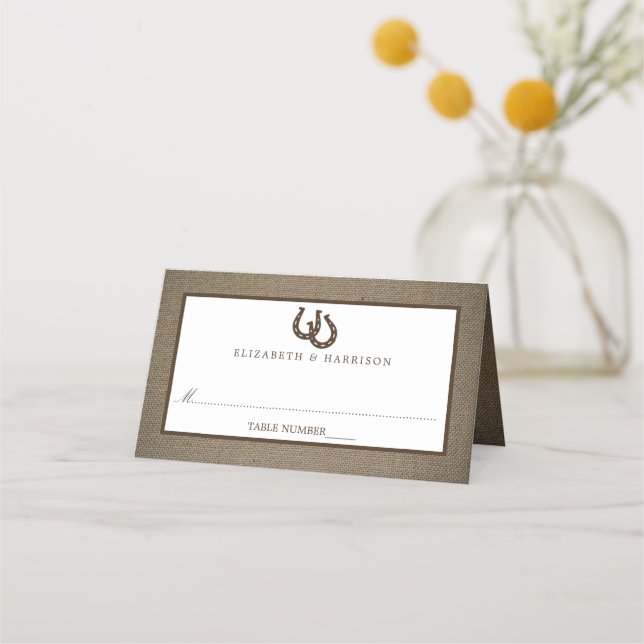 Land Rustikale Hufeisen auf Burlap-Hochzeit Platzkarte (Vorderseite)