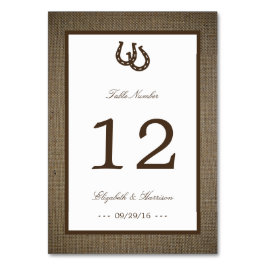 Land Rustikale Hufeisen auf Burlap-Hochzeit Tischnummer