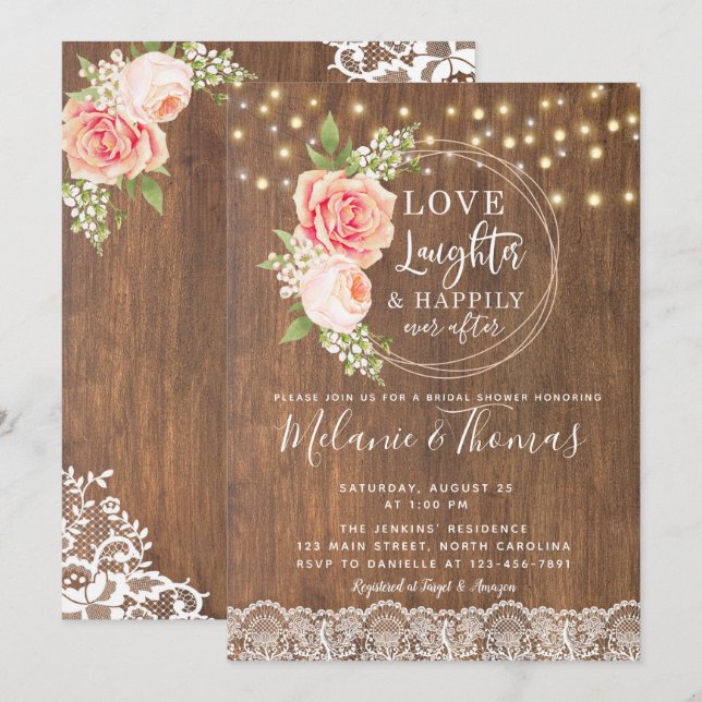 Land Rustikale Rose Spitzen Bridal Dusche Einladun Einladung (Vorne/Hinten)
