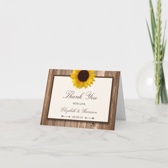 Land Rustikale Sonnenblumen & Braun-Holz Hochzeit Dankeskarte (Vorderseite)
