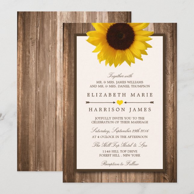 Land Rustikale Sonnenblumen & Braun-Holz Hochzeit Einladung (Vorne/Hinten)
