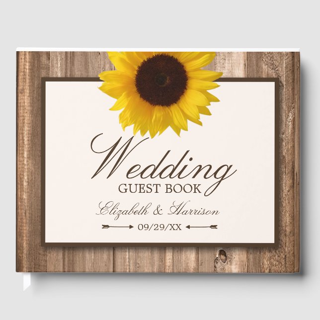 Land Rustikale Sonnenblumen & Braun-Holz Hochzeit Gästebuch (Vorderseite)