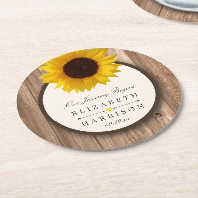 Land Rustikale Sonnenblumen & Braun-Holz Hochzeit Runder Pappuntersetzer (Angewinkelt)