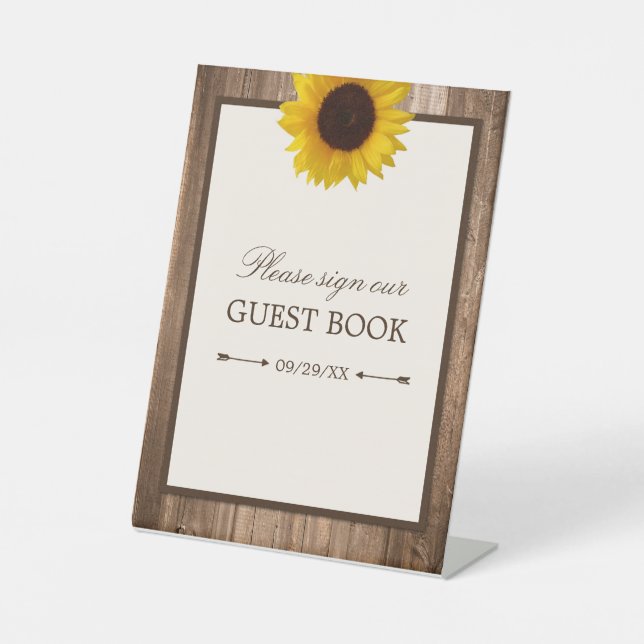 Land Rustikale Sonnenblumen & Braun-Holz Hochzeit Sockelschild (Vorderseite)