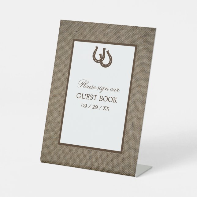 Land Rustikaler Hufeisen auf Burlap Sockelschild (Vorderseite)