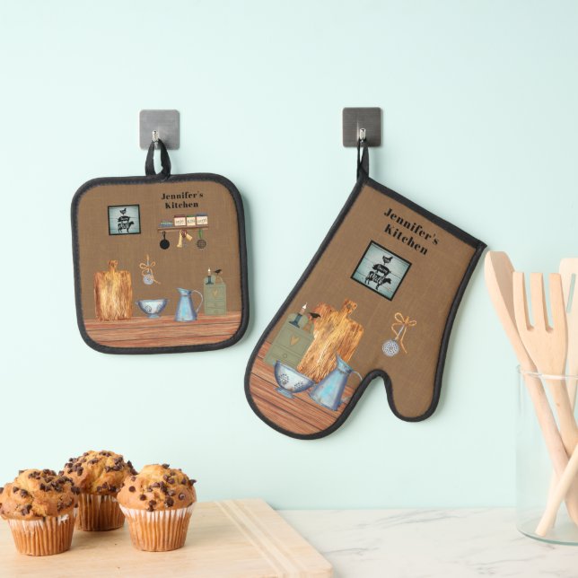 Land Rustikales Bauernhaus Küche Personalisiert Ofenhandschuh & Topflappen-Set (Insitu (Hängend))