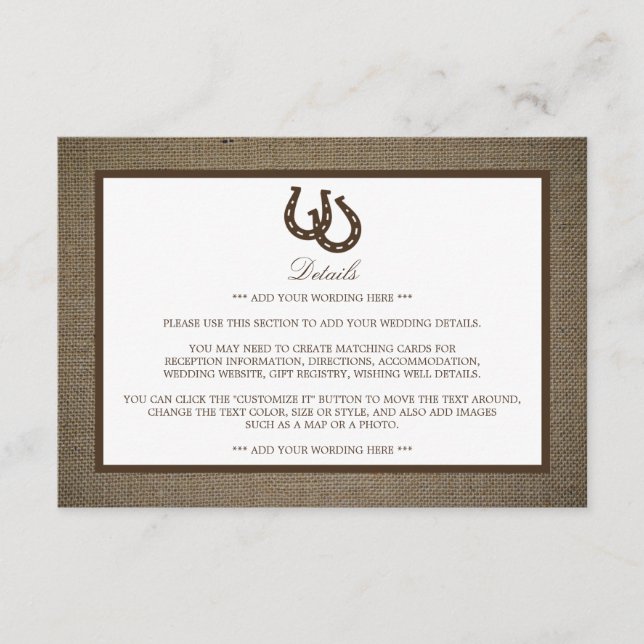 Land Rustikales Hufeisen auf Burlap Hochzeit Detai Begleitkarte (Vorderseite)