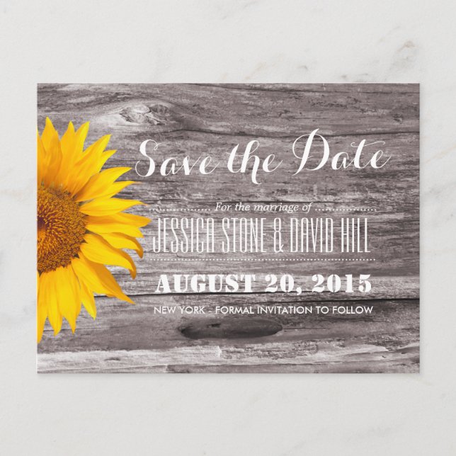 Land Rustikales Sonnenblumenholz Save the Date Ankündigungspostkarte (Vorderseite)
