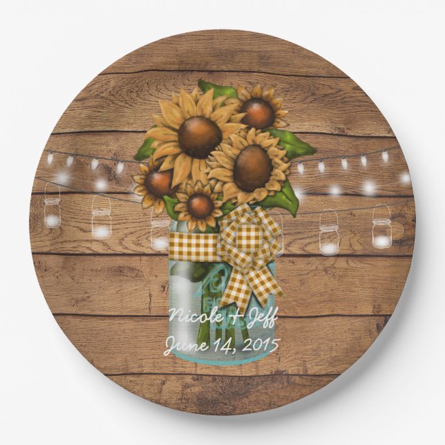 Land-rustikales Weckglas mit Sonnenblume Pappteller (Vorderseite)