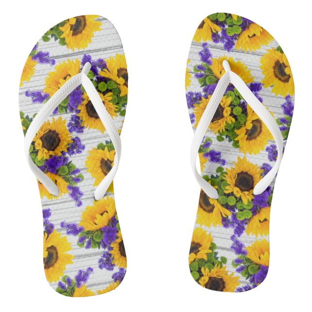 Land Rustikales Weißholz Lila Gelbe Sonnenblume Flip Flops (Fußbett)