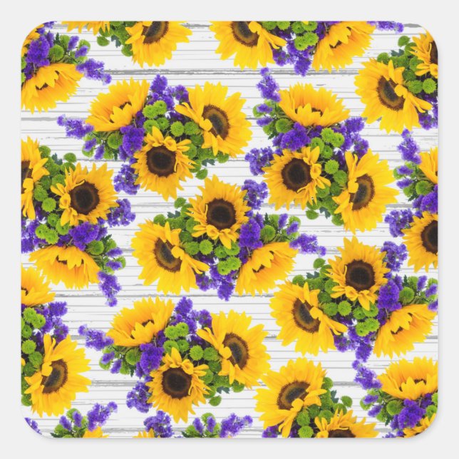 Land Rustikales Weißholz Lila Gelbe Sonnenblume Quadratischer Aufkleber (Vorderseite)