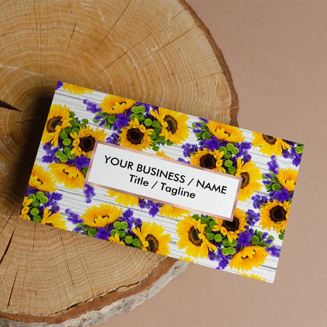 Land Rustikales Weißholz Lila Gelbe Sonnenblume Visitenkarte (Country Rustic White Wood Purple Yellow Sunflower Business Card)