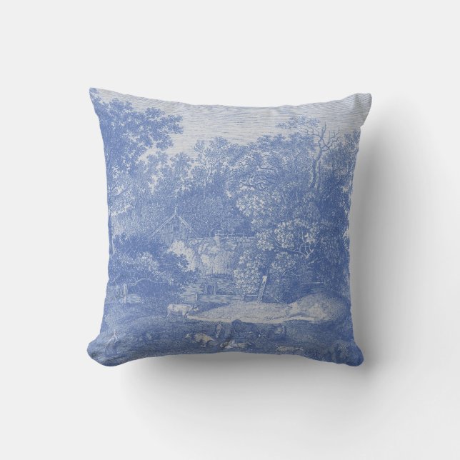 Land-schäbige Eleganz Blue Toil de Jouy French Kissen (Vorderseite)