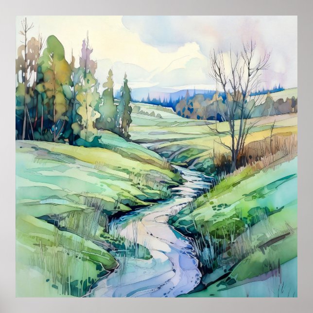 Land Sommer Landschaft Wasserfarbe Poster (Vorne)