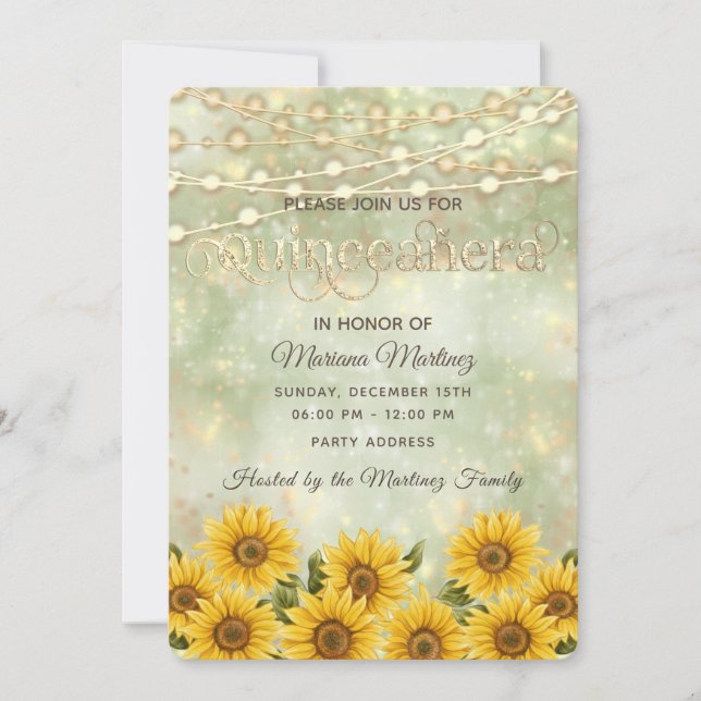 Land Sonnenblumen Lichter Quinceañera Einladung (Vorderseite)