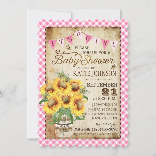 Land-Sonnenblumen und Gingham-Karo-Baby-Dusche Einladung (Vorderseite)