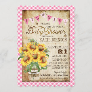 Land-Sonnenblumen und Gingham-Karo-Baby-Dusche Einladung