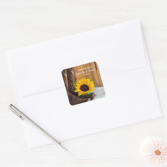 Land Sonnenblumen Western Hochzeit Save the Date Quadratischer Aufkleber (Umschlag)