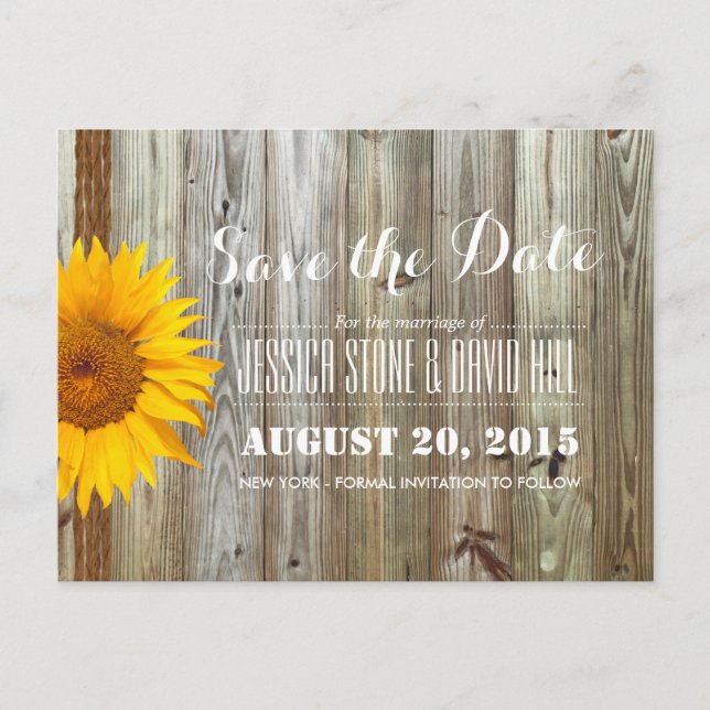 Land Sonnenblumenzwirn und Stallholz Save the Date Ankündigungspostkarte (Vorderseite)