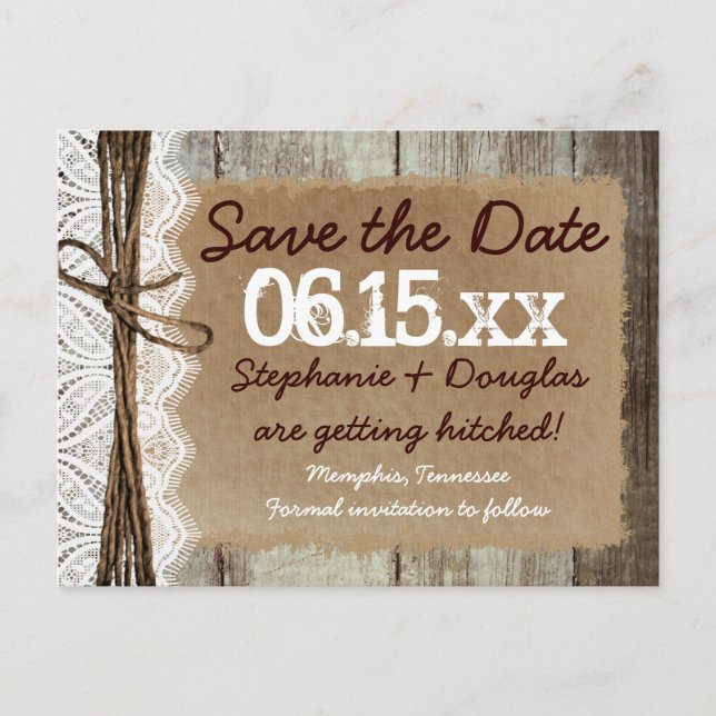 Land Stallholz rustikale Save the Date Postkarten (Vorderseite)