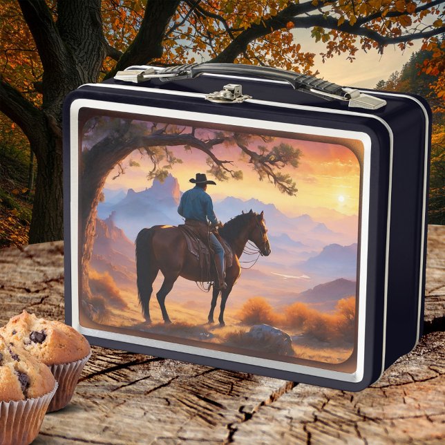 Land und Western Cowboy Pferd Metall Brotdose (Country and western lunch box with a painting of a cowboy on his horse overlooking a sunset)