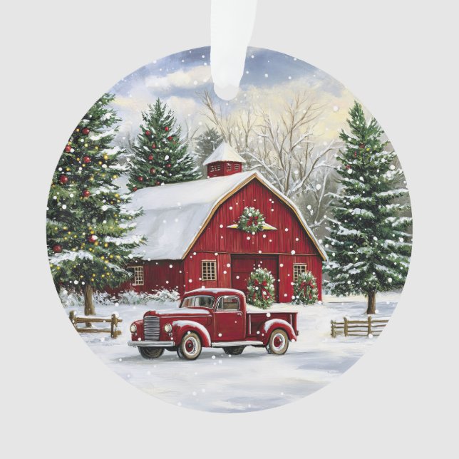 Land Weihnachten Roter Lkw und Stall Ornament (Vorderseite)