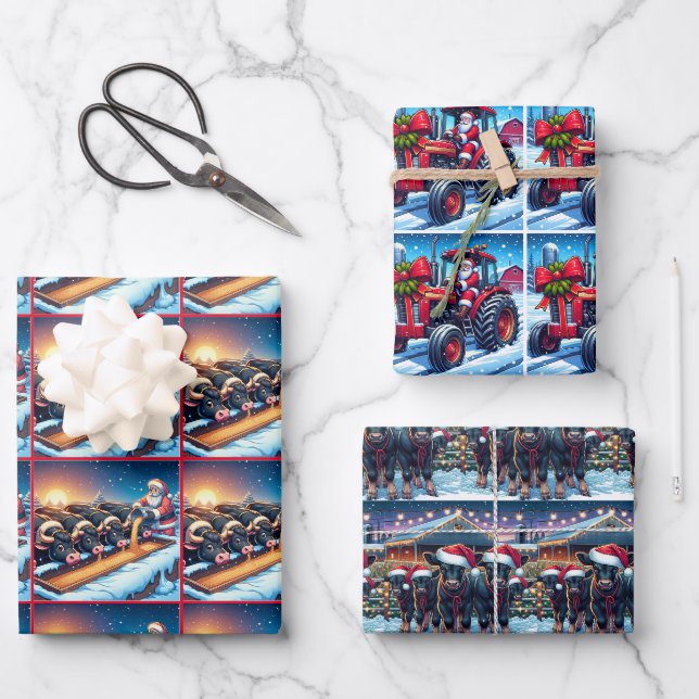 Land Weihnachtsmann Traktor und Fütternd Kühe Geschenkpapier Set (Vorderseite)
