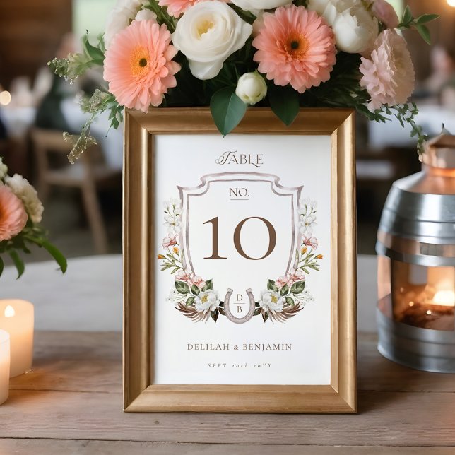 Land Western Aquarellfarben Wappen Horseshoe Tischnummer (Country Western Watercolor Floral Crest Horseshoe Table Number)