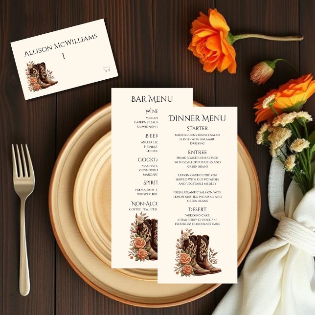 Land Western Blume- Cowboy Stiefel Vegetarier Tischnummer (Country Western-Flowers with Cowboy Boots-Wedding Place Cards with Meal Icons)