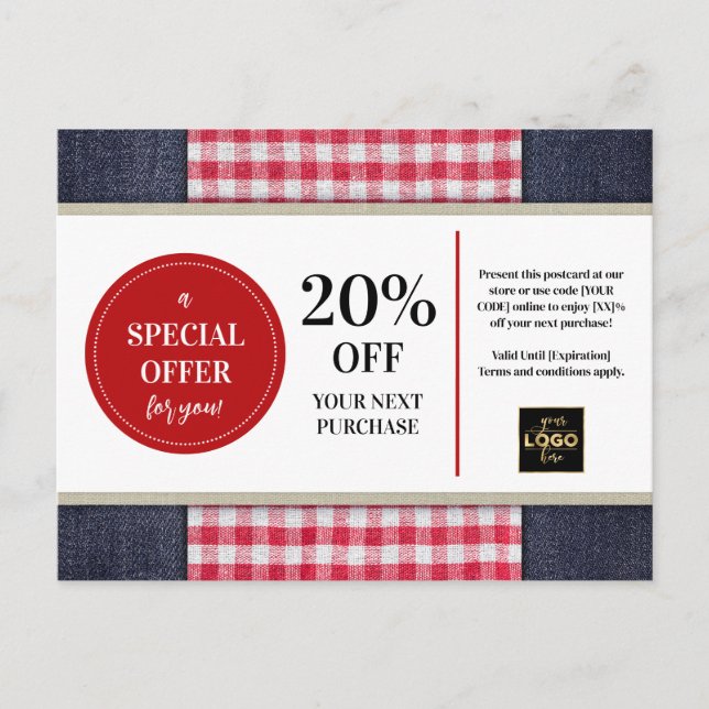 Land Western Denim Gingham Gutscheinrabatt Postkarte (Vorderseite)