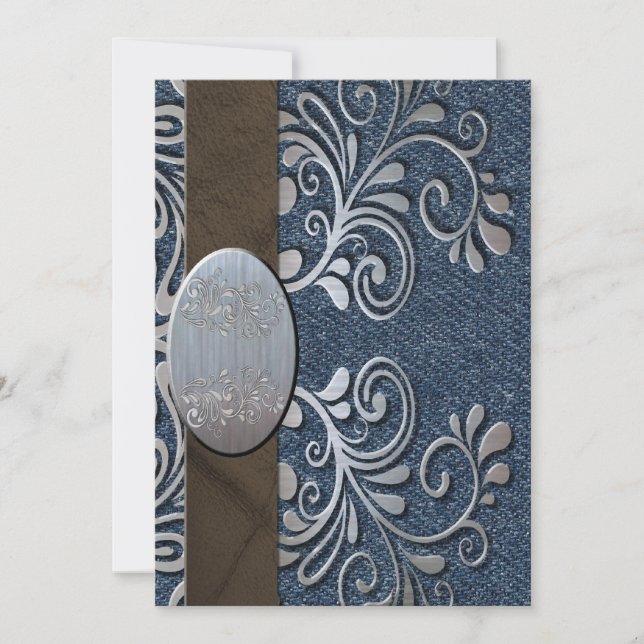 Land-Western-Denim-Silber-Schnallen-Hochzeit Einladung (Vorderseite)
