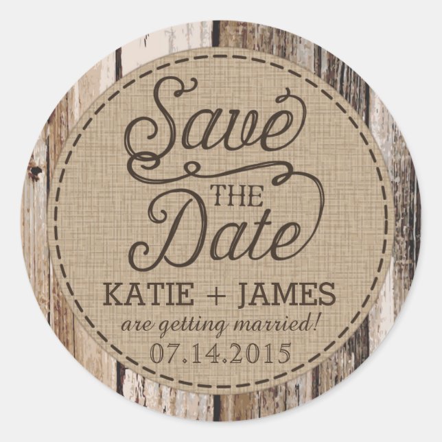 Land Western Holz Rustikales Save the Date Label Runder Aufkleber (Vorderseite)
