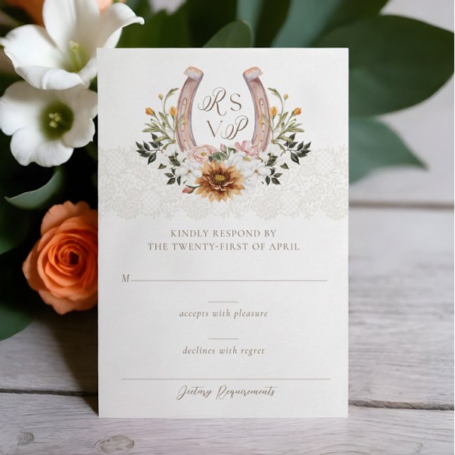 Land Western Horseshoe Aquarellfarben Wappen RSVP Karte (Country Western Horseshoe Watercolor Floral Crest RSVP Card Front)